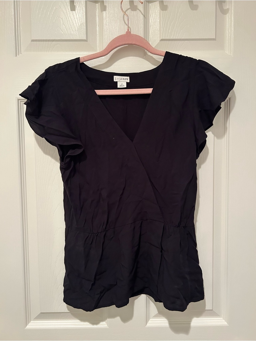 J. Crew Black V-Neck Flutter Sleeve Blouse
